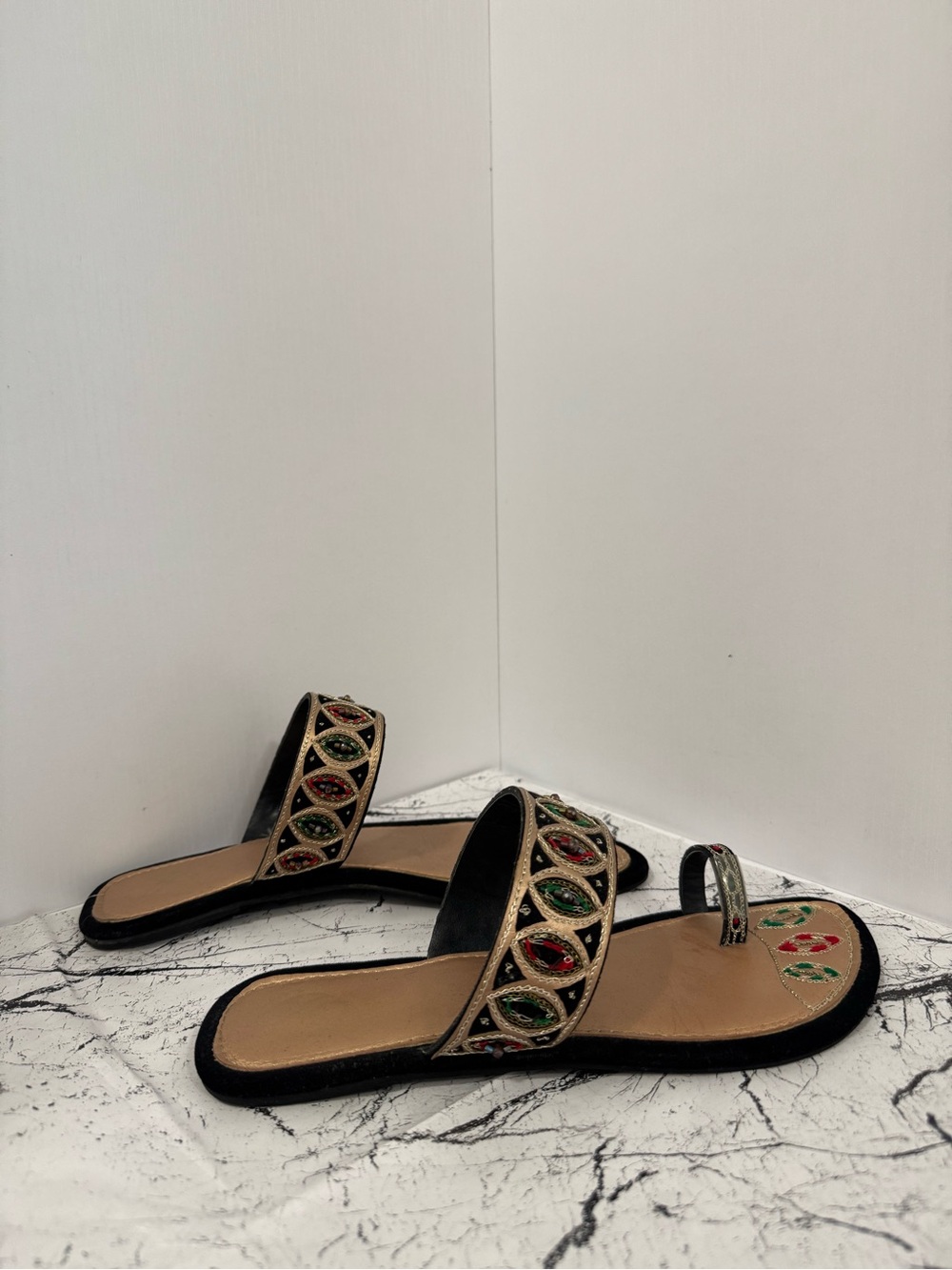 Embroidered Beaded Flat Slide Sandals - Black/Gold